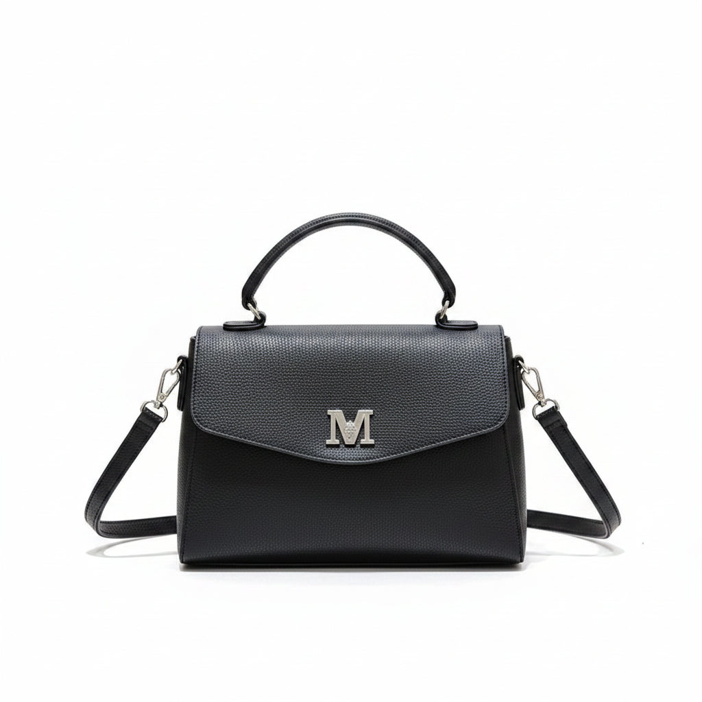 M-Logo Textured Structured Top Handle Handbag