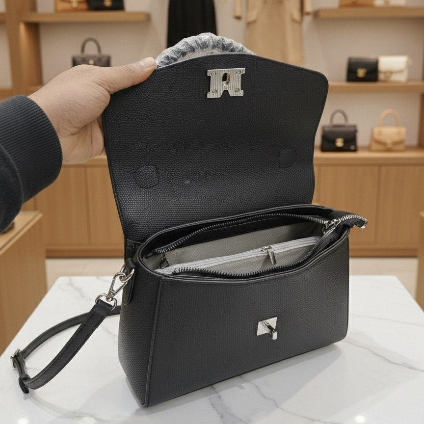 M-Logo Textured Structured Top Handle Handbag