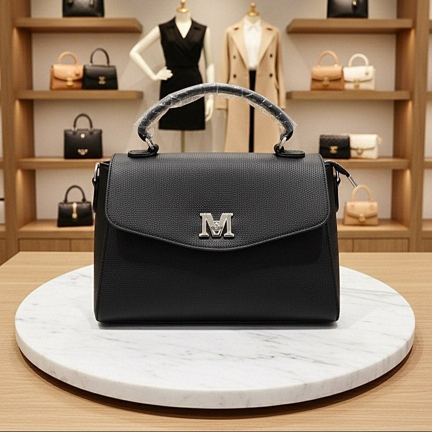 M-Logo Textured Structured Top Handle Handbag