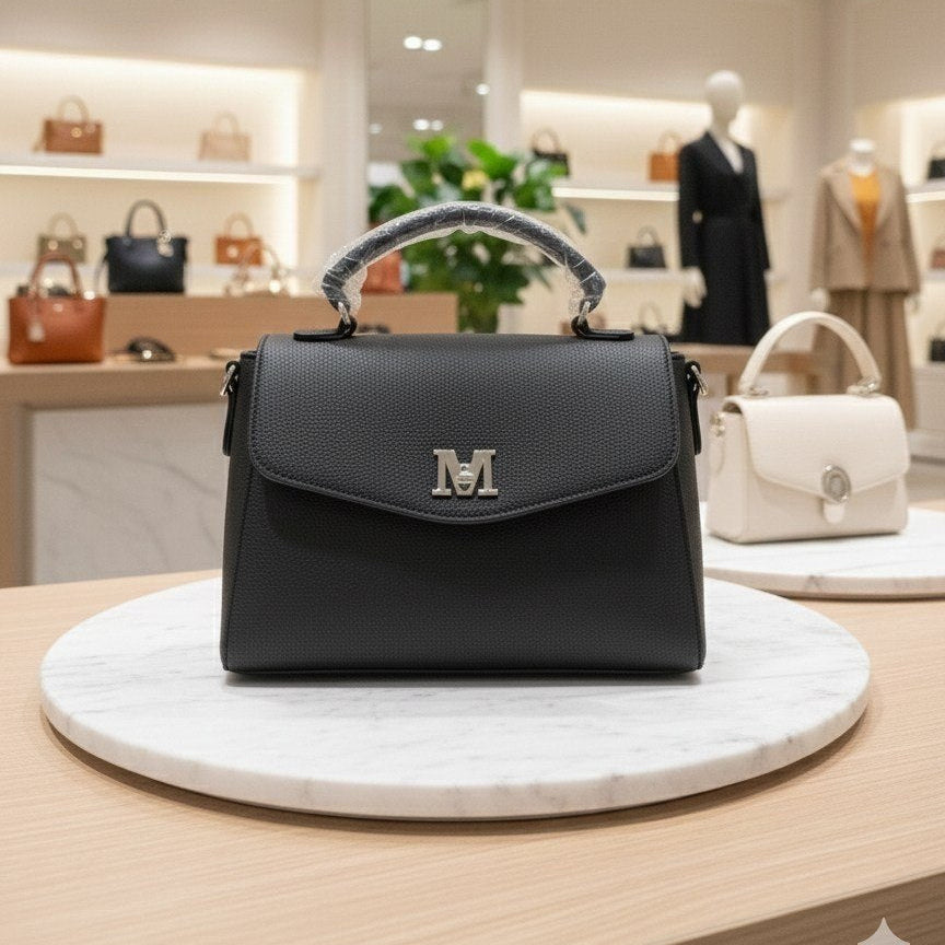 M-Logo Textured Structured Top Handle Handbag