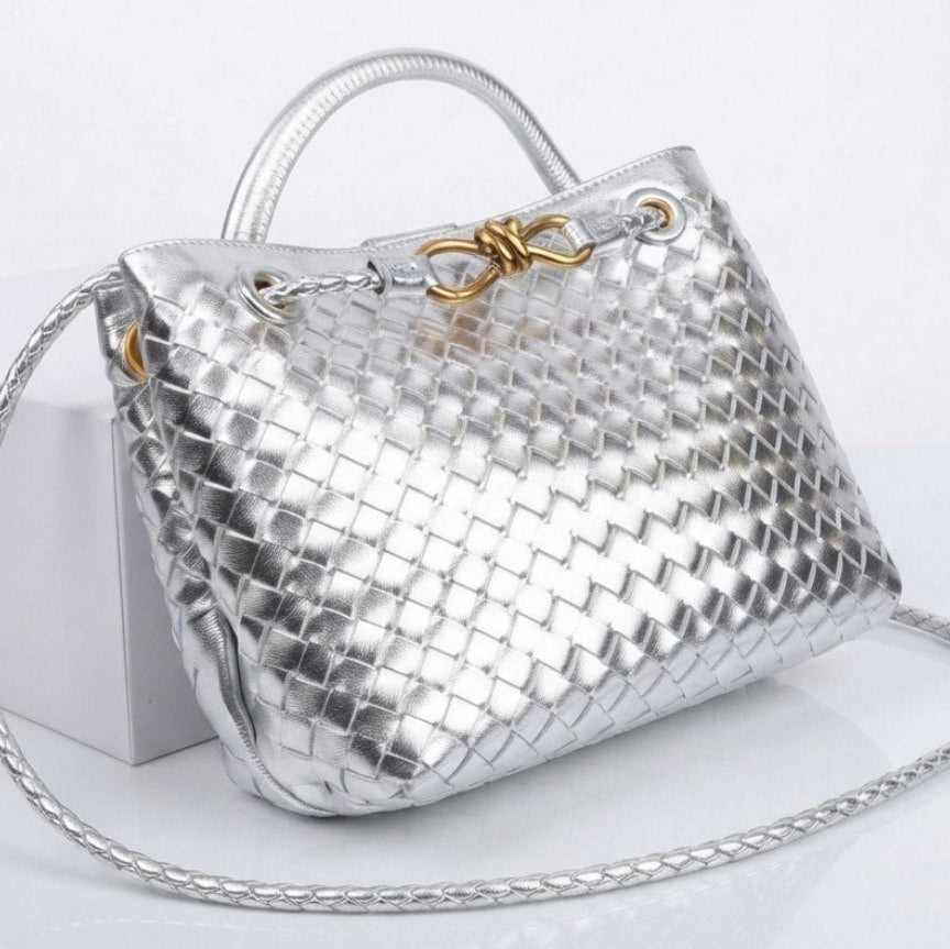 Bottega Veneta Style Metallic Woven Handbag
