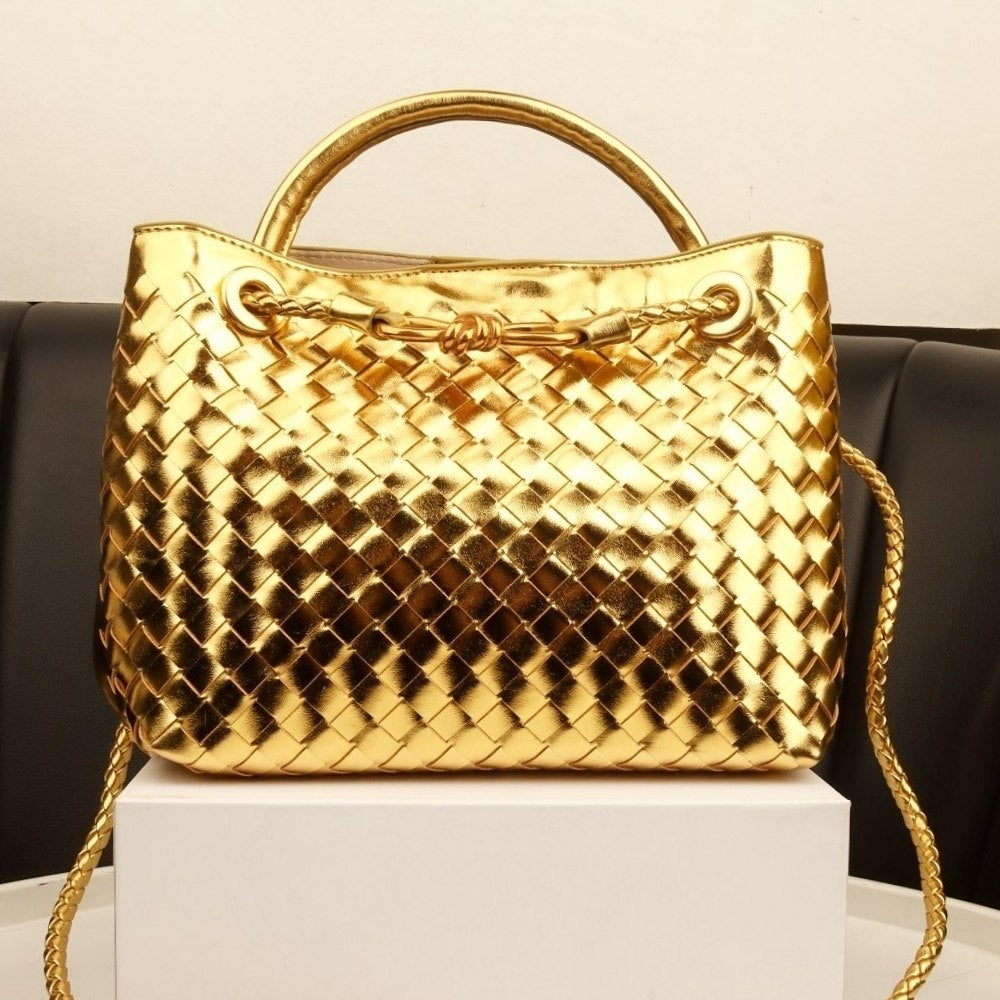 Bottega Veneta Style Metallic Woven Handbag