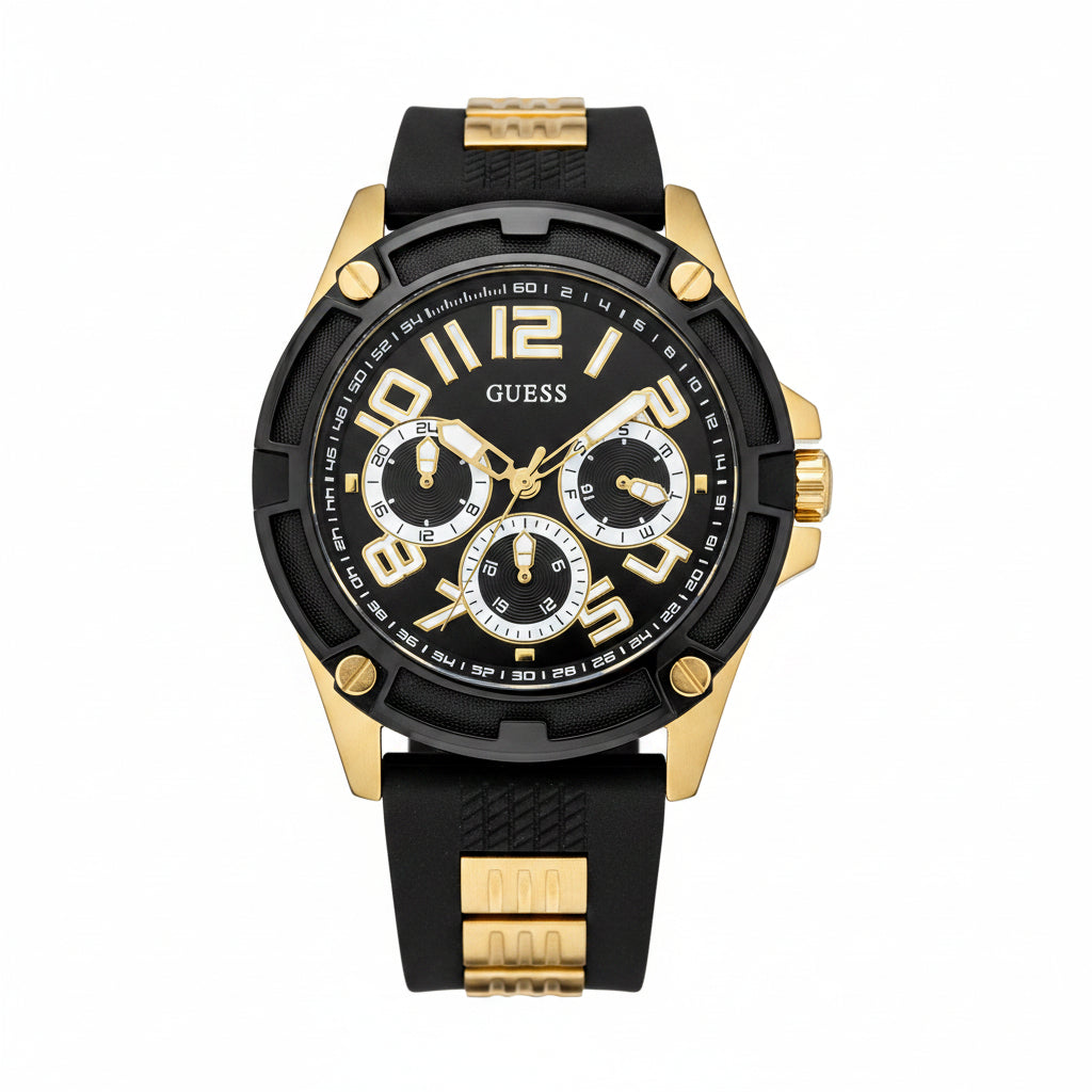 Guess Men's Black and Gold Chronograph Rubber Strap Watch