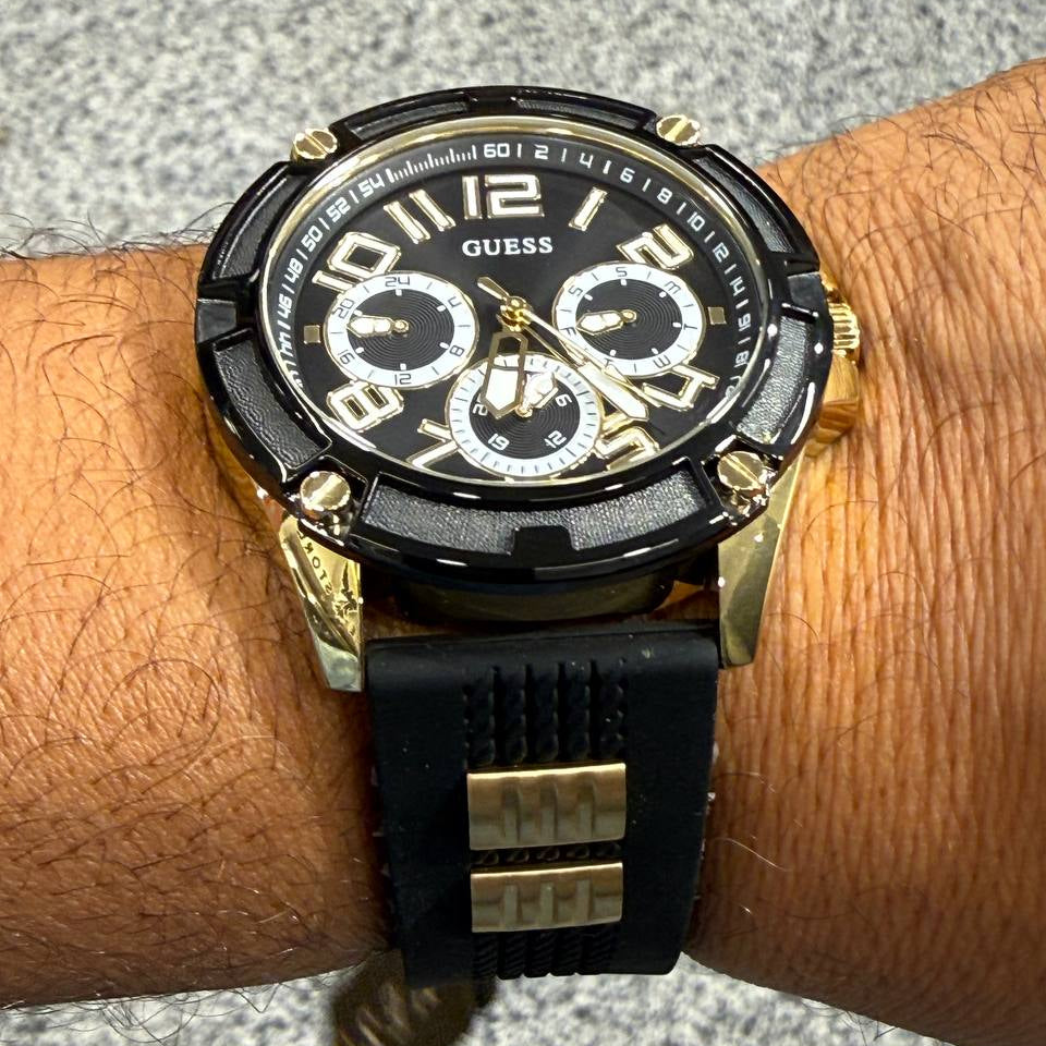 Guess Men's Black and Gold Chronograph Rubber Strap Watch