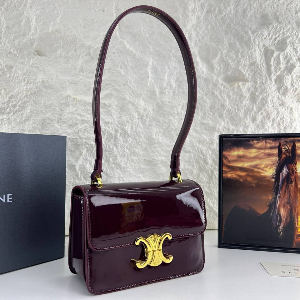 Celine Triomphe Patent Leather Shoulder Bag with Gold Hardware