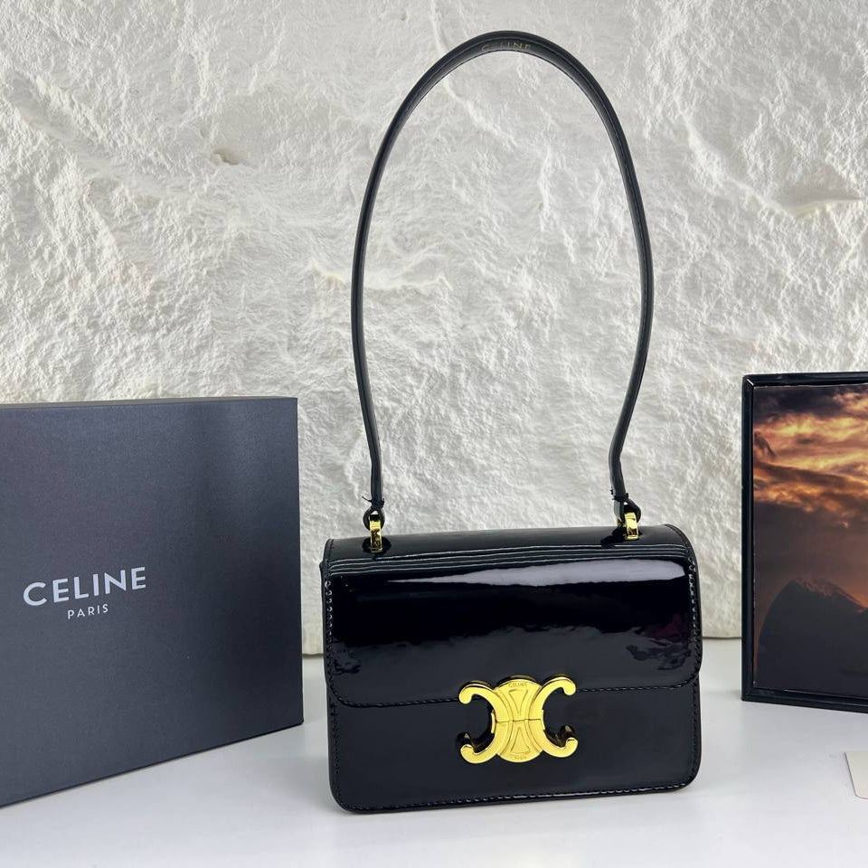 Celine Triomphe Patent Leather Shoulder Bag with Gold Hardware