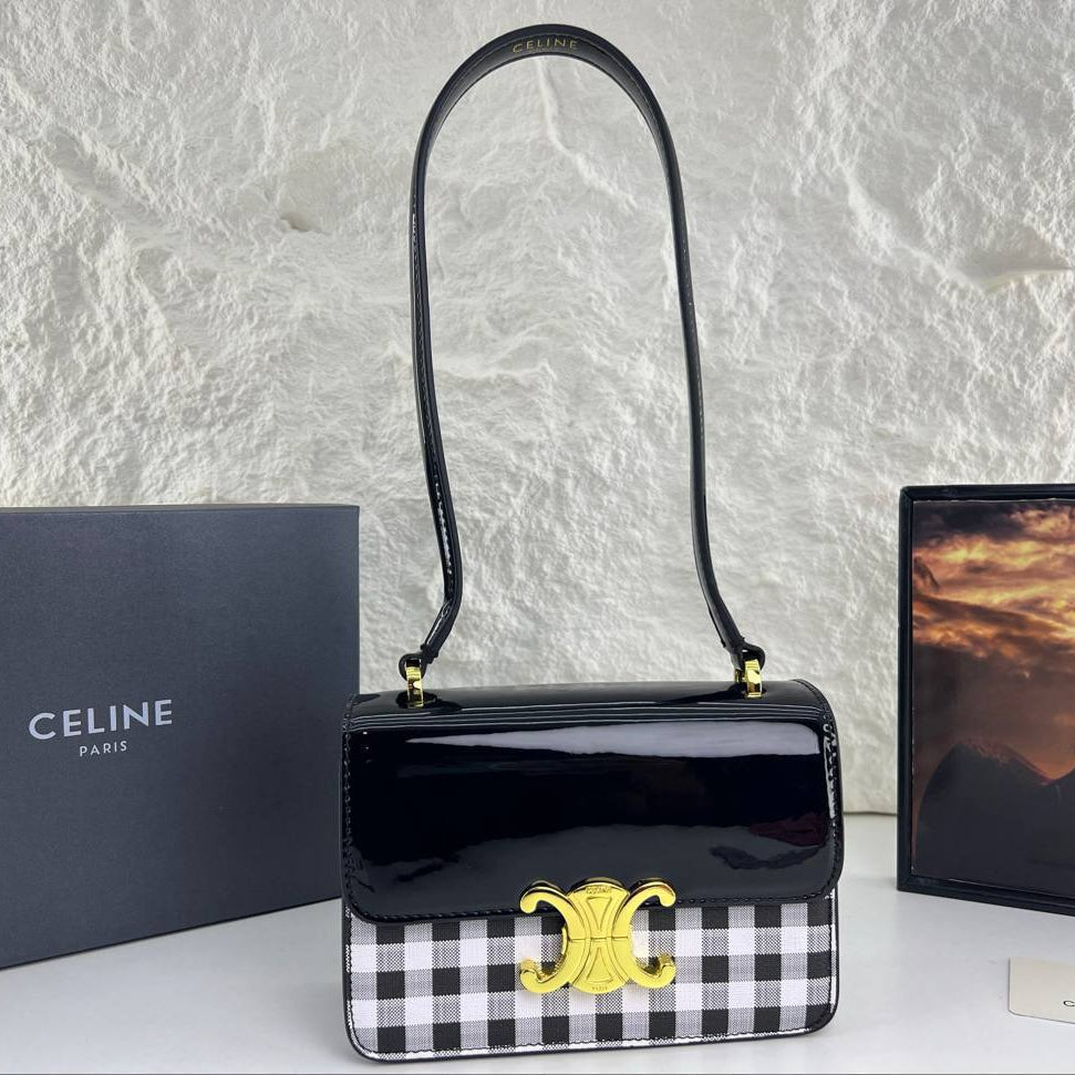 Celine Triomphe Patent Leather Shoulder Bag with Gold Hardware