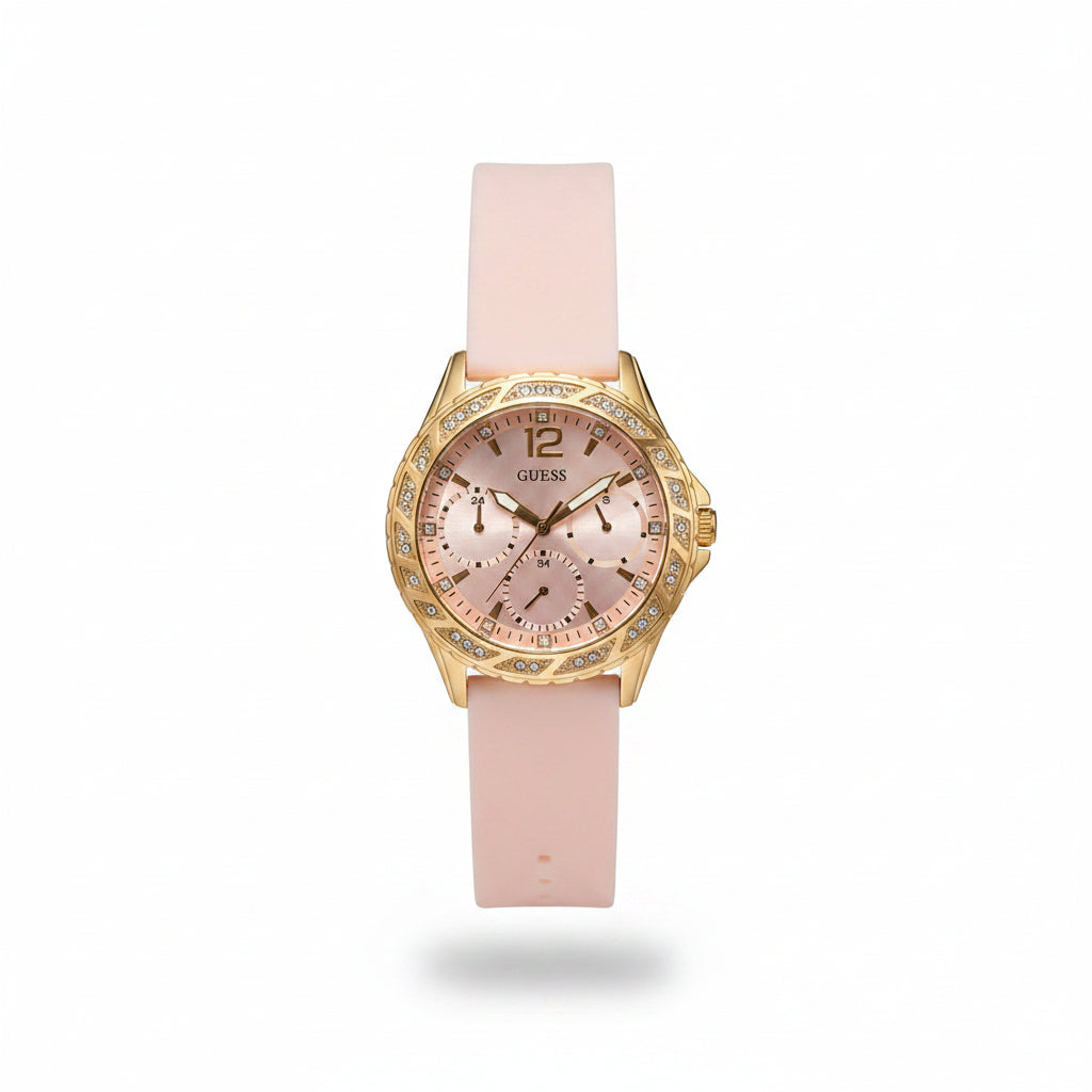 Guess Women's Gold-Tone Pink Silicone Crystal Bezel Watch