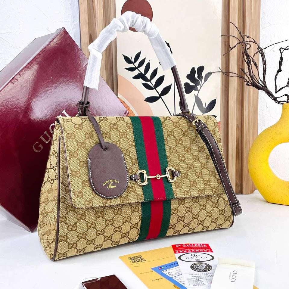 Gucci Horsebit Shoulder Bag in Monogram Canvas with Web Stripe