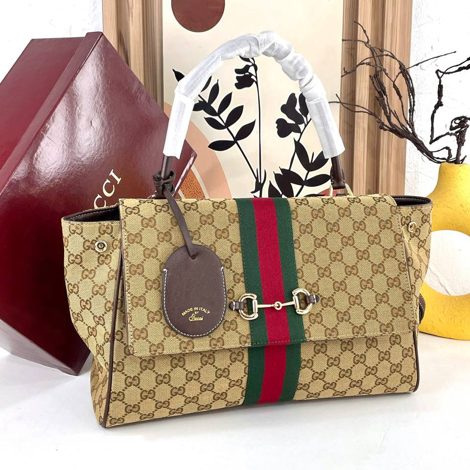 Gucci Horsebit Shoulder Bag in Monogram Canvas with Web Stripe