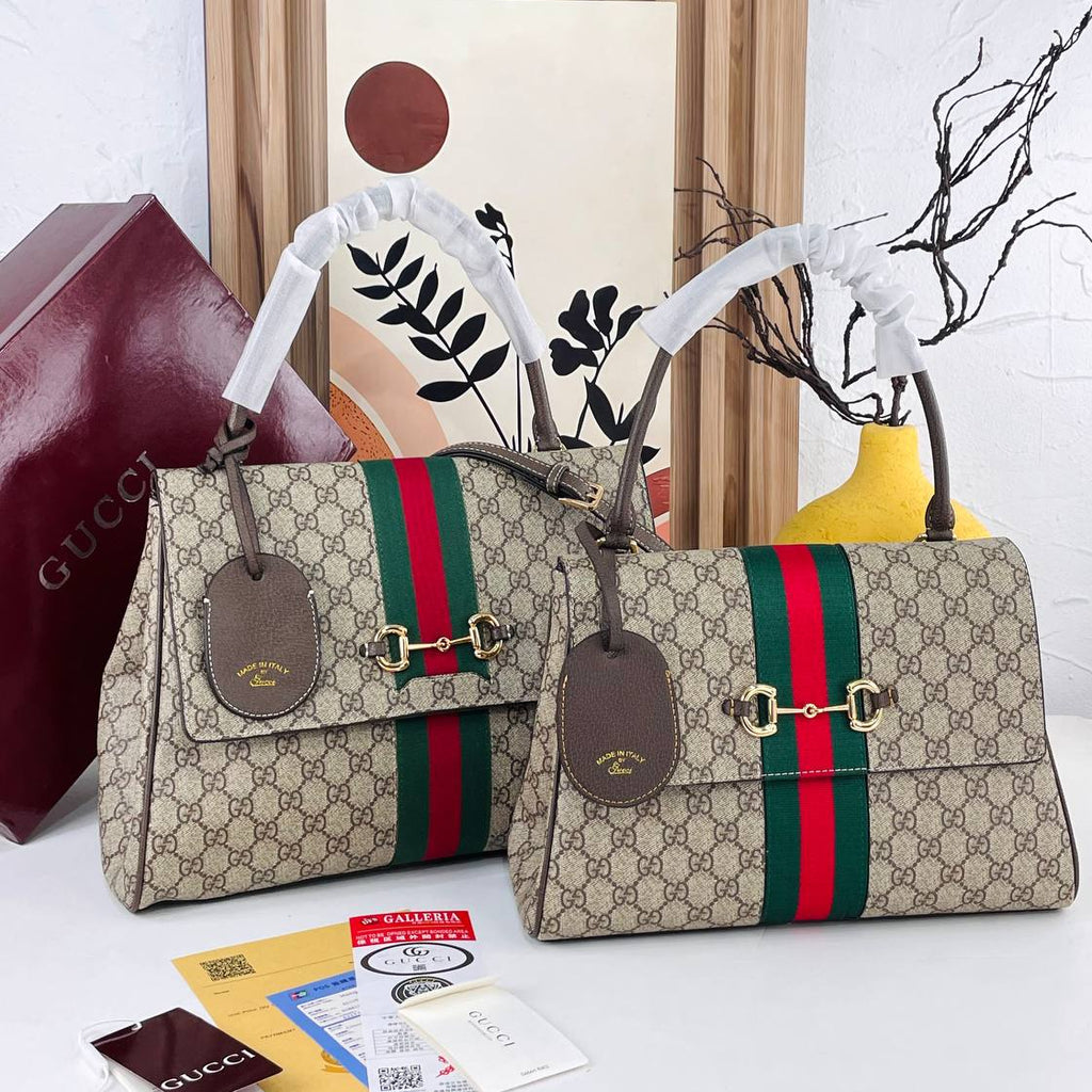 Gucci Horsebit Shoulder Bag in Monogram Canvas with Web Stripe