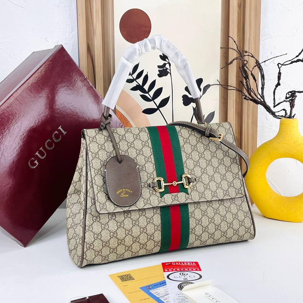 Gucci Horsebit Shoulder Bag in Monogram Canvas with Web Stripe