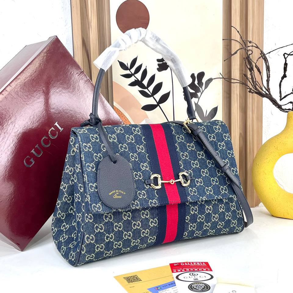 Gucci Horsebit Shoulder Bag in Monogram Canvas with Web Stripe