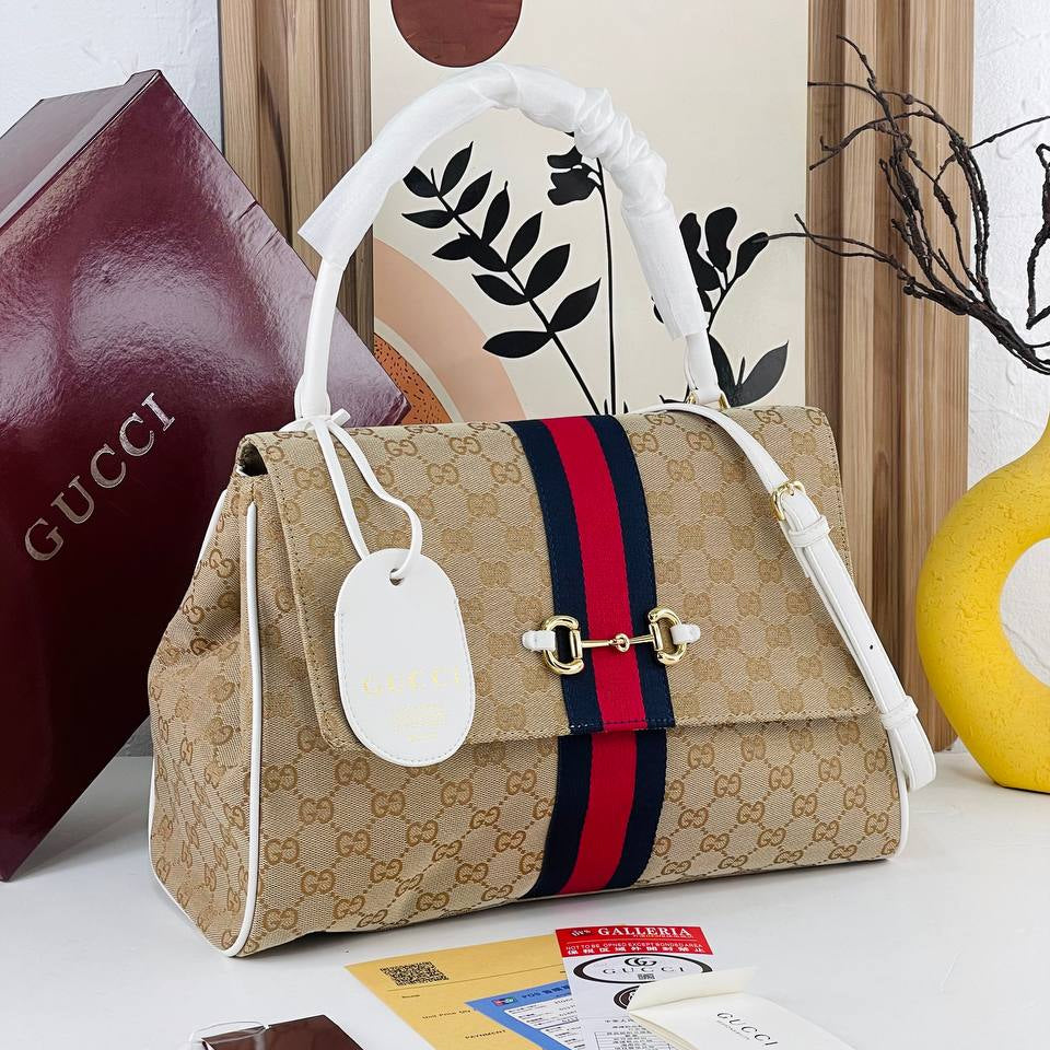 Gucci Horsebit Shoulder Bag in Monogram Canvas with Web Stripe