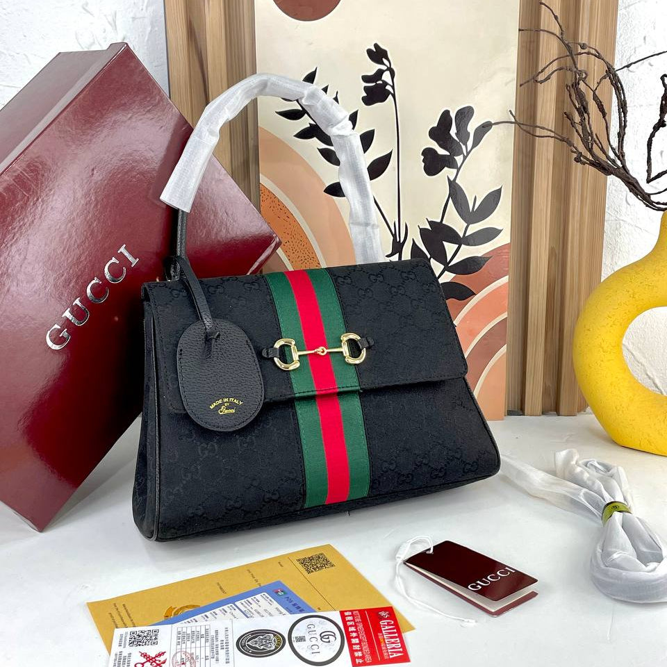 Gucci Horsebit Shoulder Bag in Monogram Canvas with Web Stripe