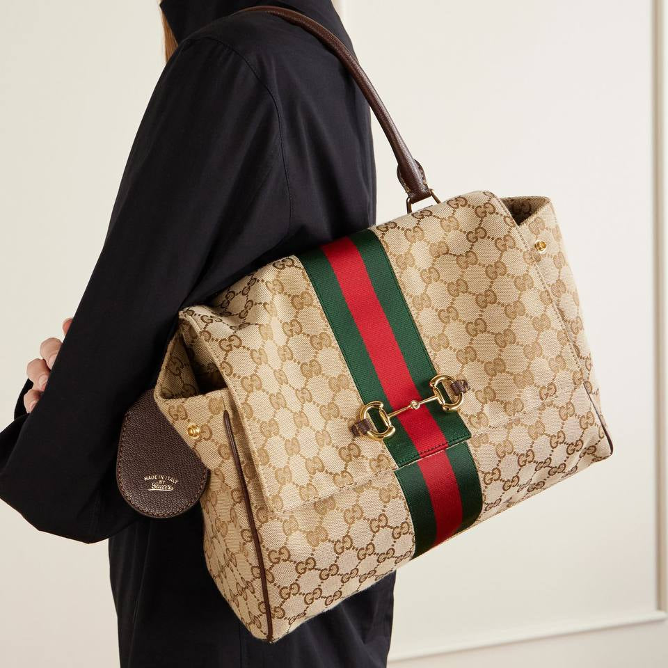 Gucci Horsebit Shoulder Bag in Monogram Canvas with Web Stripe