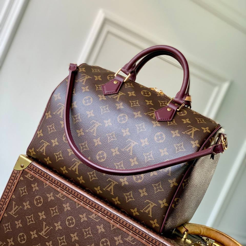 Louis Vuitton Monogram Canvas Bag with Burgundy Leather Accents