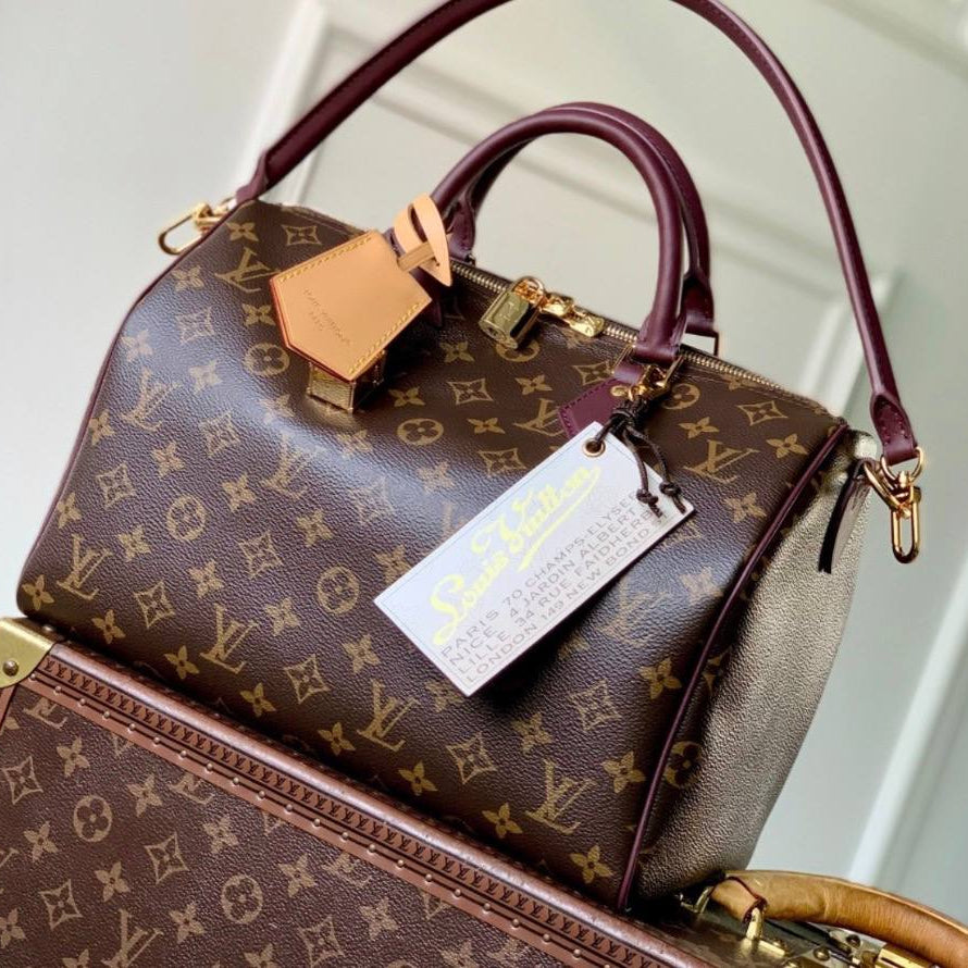 Louis Vuitton Monogram Canvas Bag with Burgundy Leather Accents