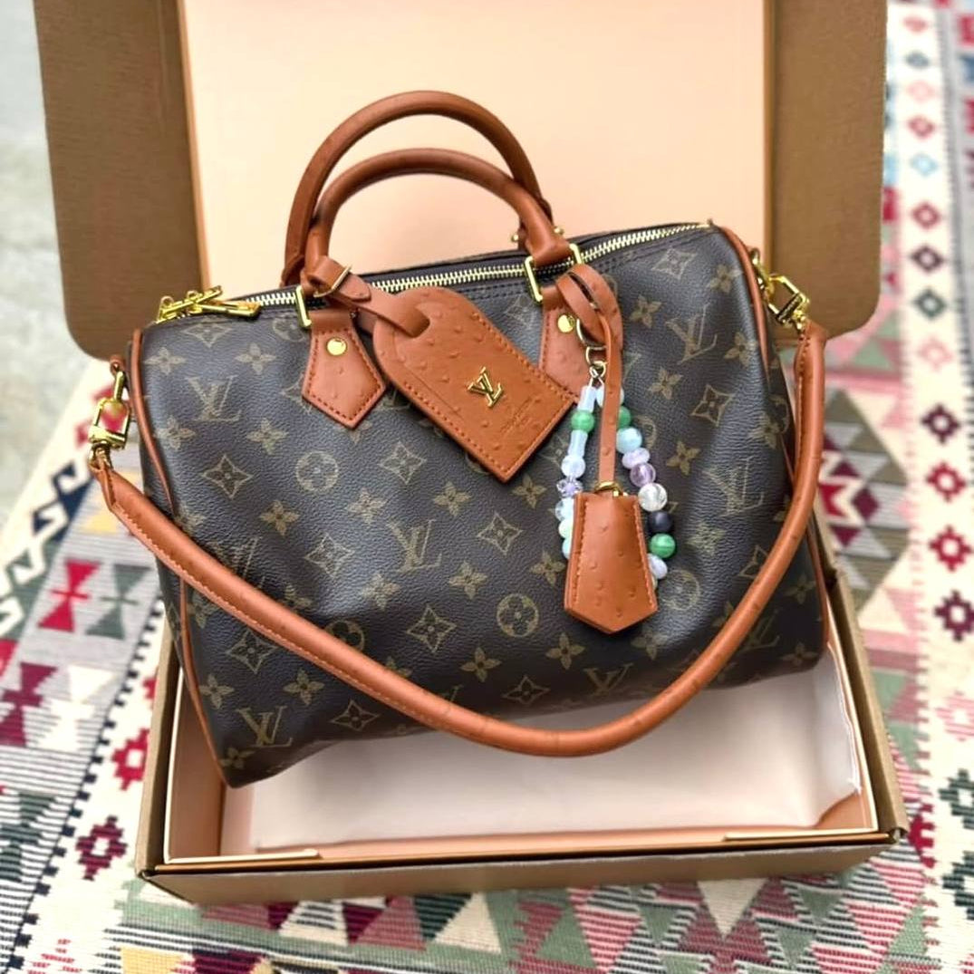 Louis Vuitton Monogram Canvas Bag with Burgundy Leather Accents