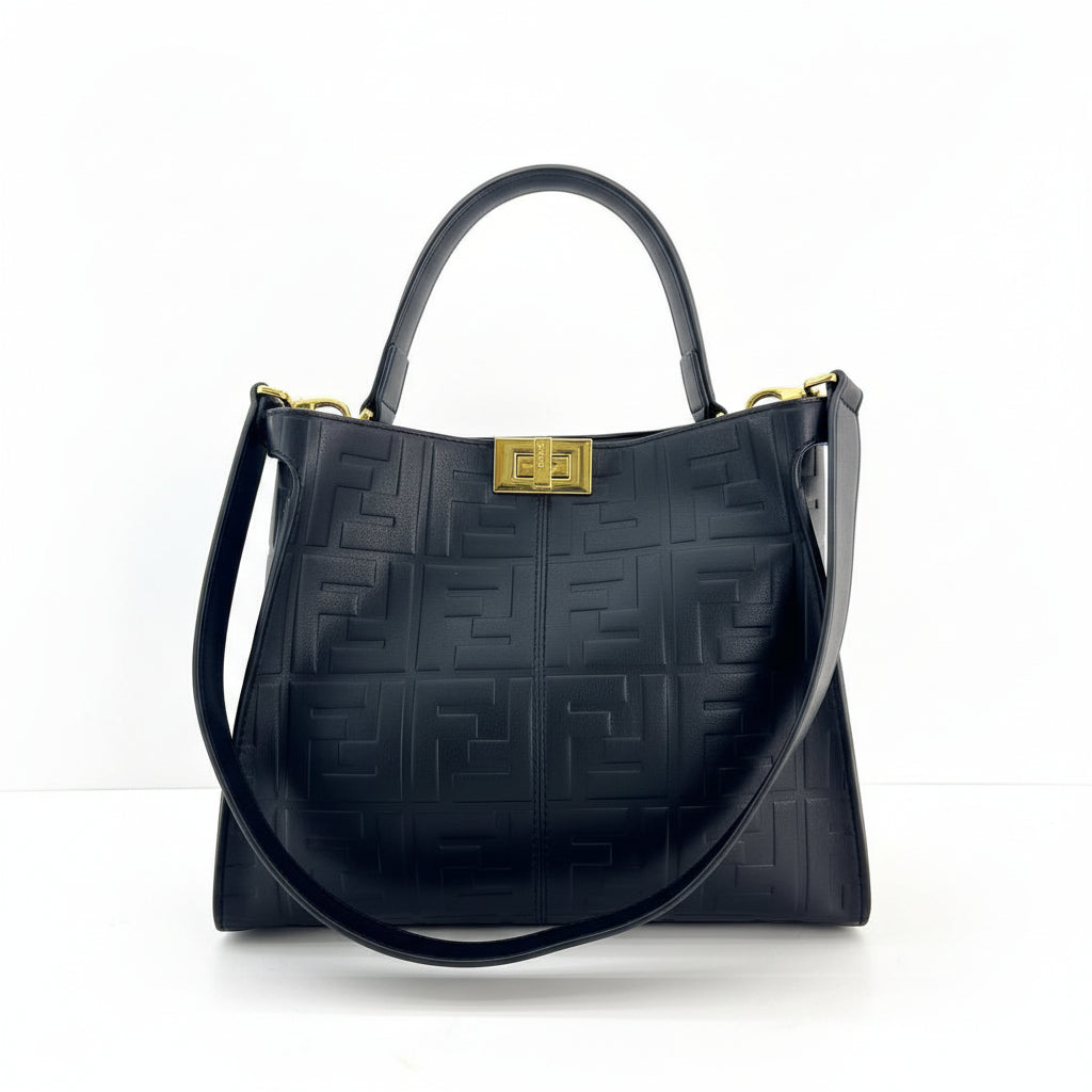Fendi Style Embossed Logo Handbag with Gold Tone Hardware