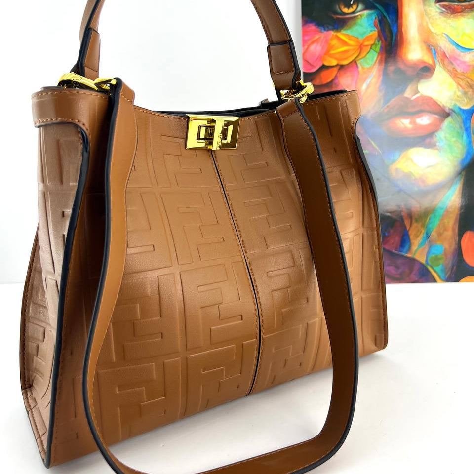 Fendi Style Embossed Logo Handbag with Gold Tone Hardware