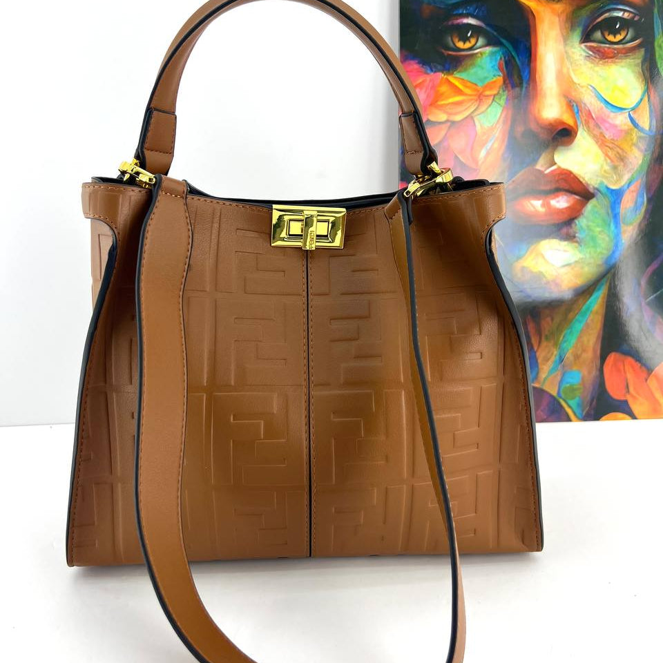 Fendi Style Embossed Logo Handbag with Gold Tone Hardware