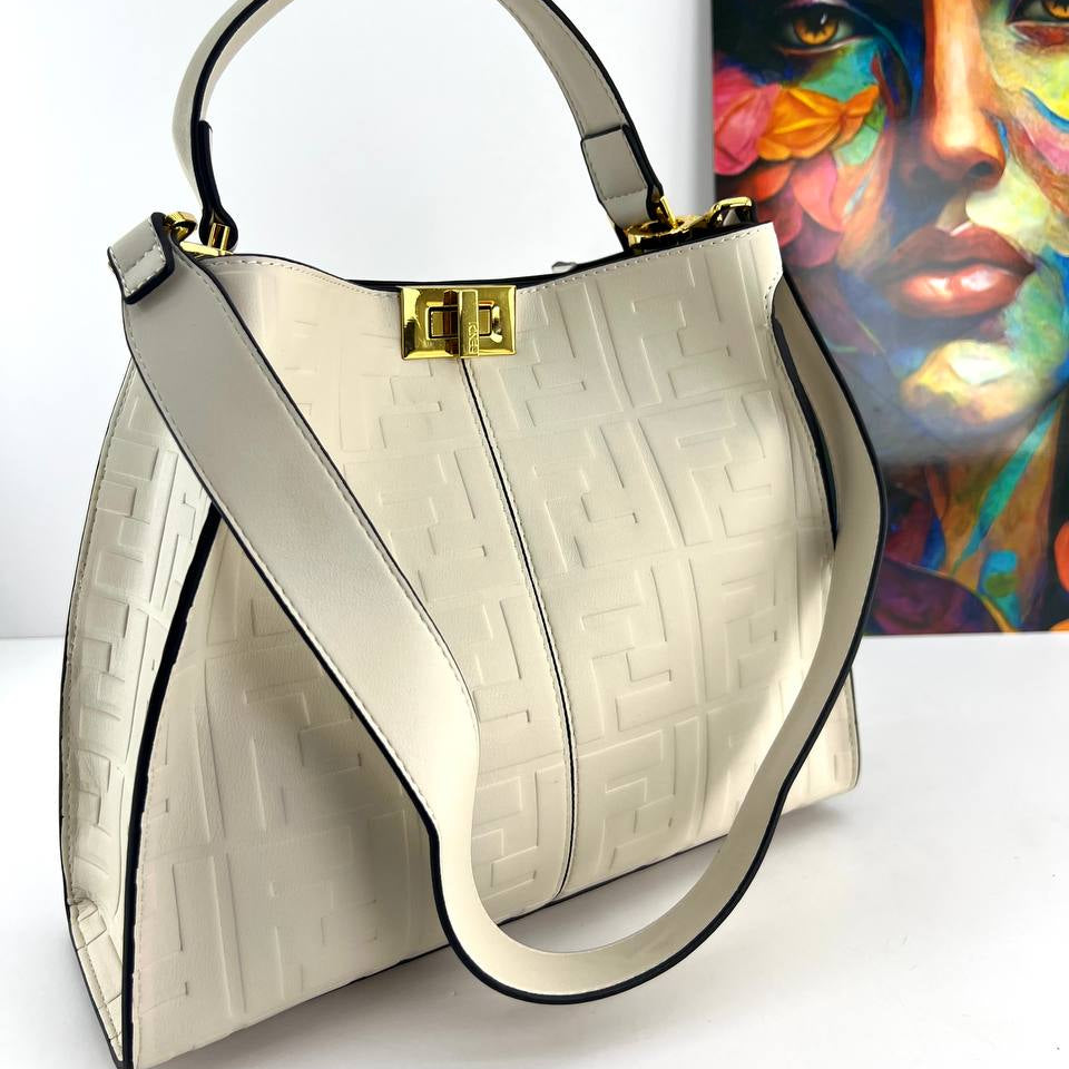 Fendi Style Embossed Logo Handbag with Gold Tone Hardware