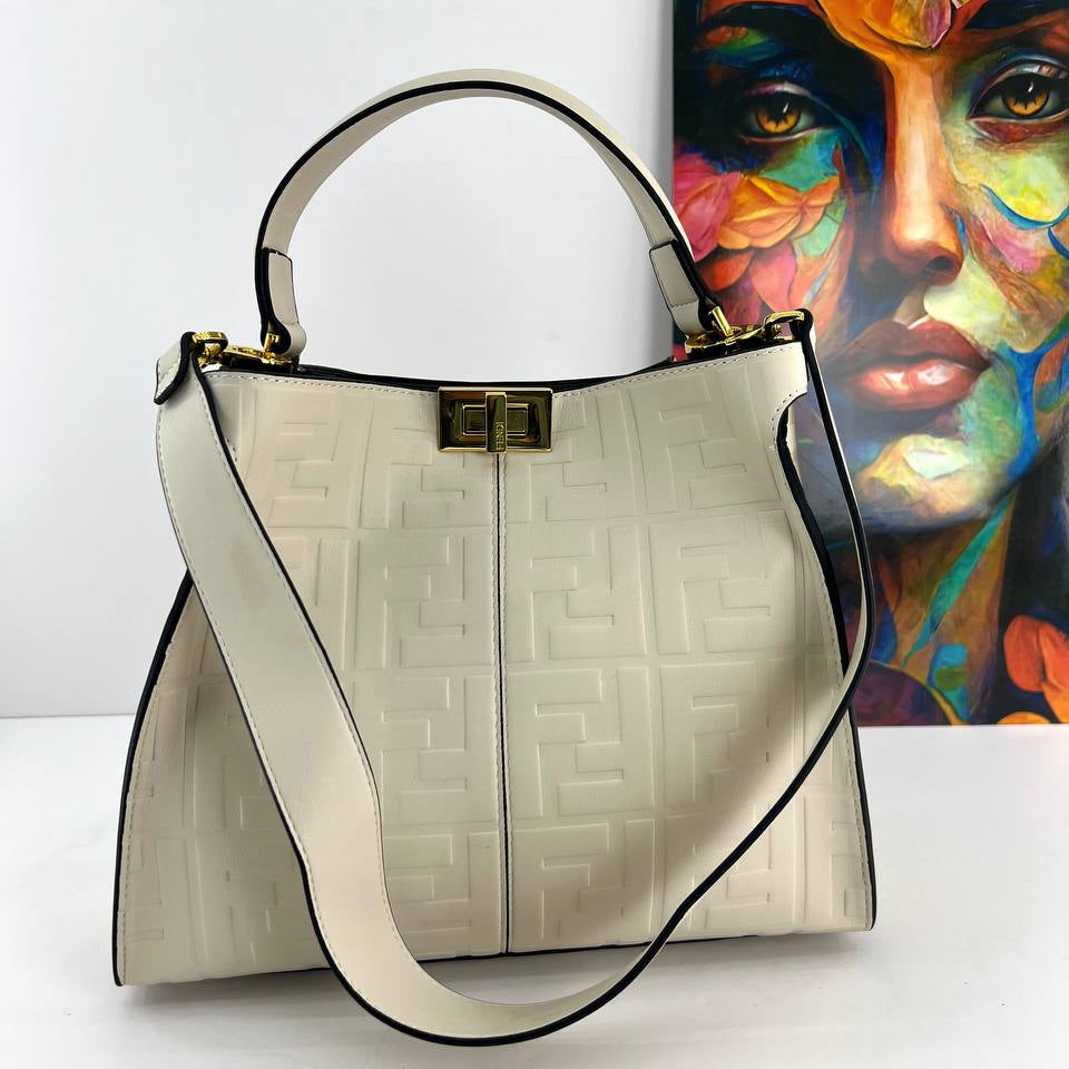Fendi Style Embossed Logo Handbag with Gold Tone Hardware