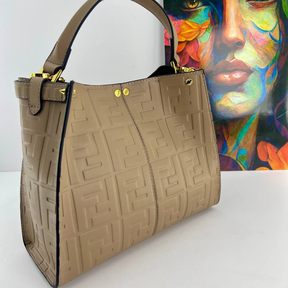 Fendi Style Embossed Logo Handbag with Gold Tone Hardware