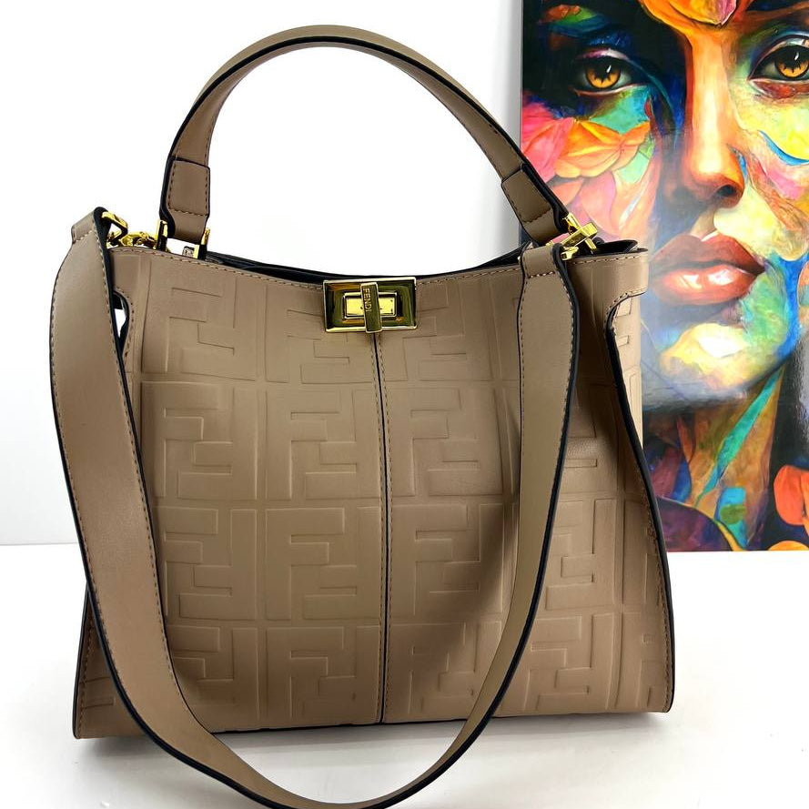 Fendi Style Embossed Logo Handbag with Gold Tone Hardware