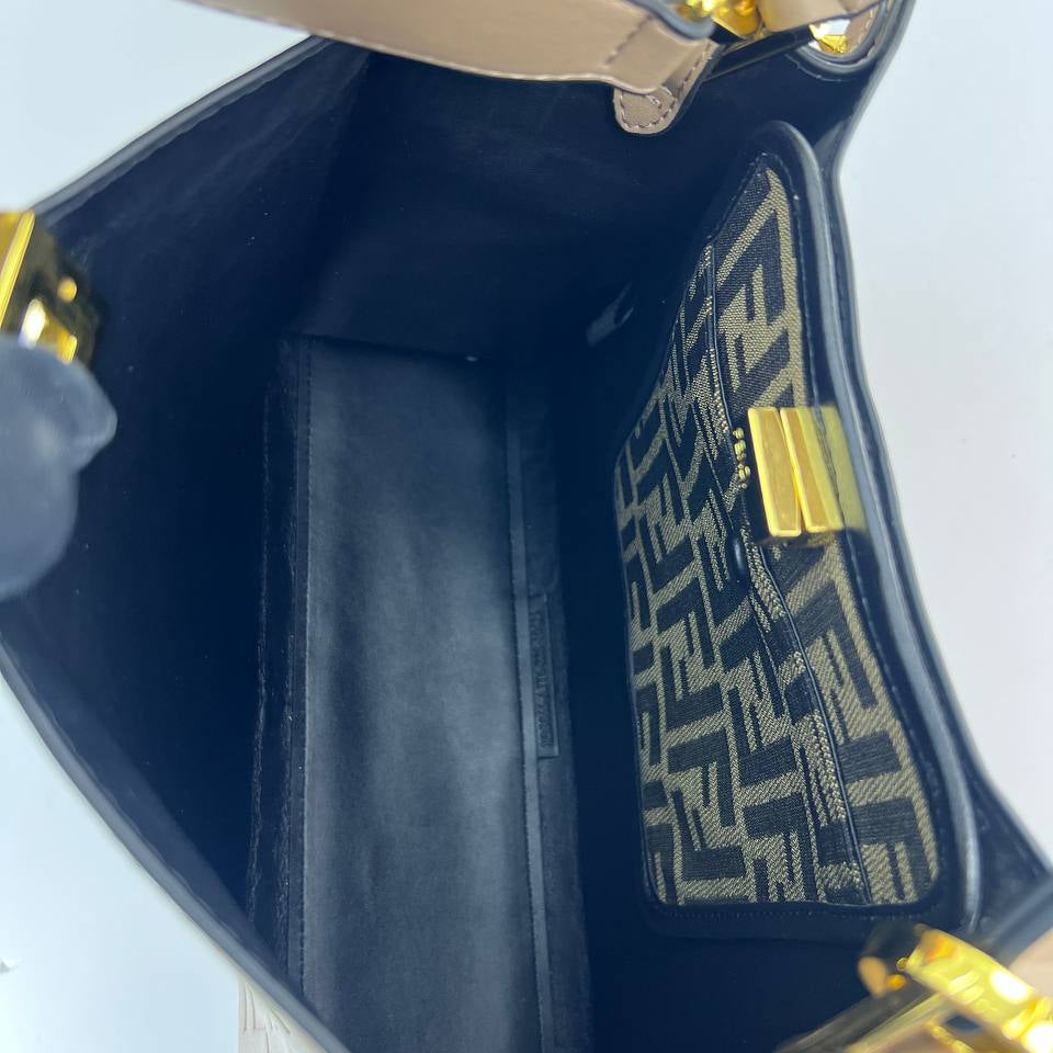 Fendi Style Embossed Logo Handbag with Gold Tone Hardware