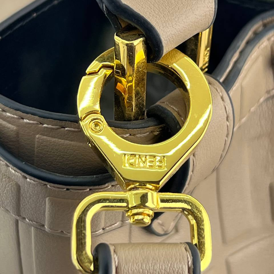 Fendi Style Embossed Logo Handbag with Gold Tone Hardware