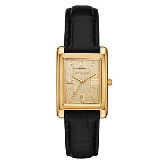 Michael Kors Rectangular Gold Tone Watch with Black Leather Strap
