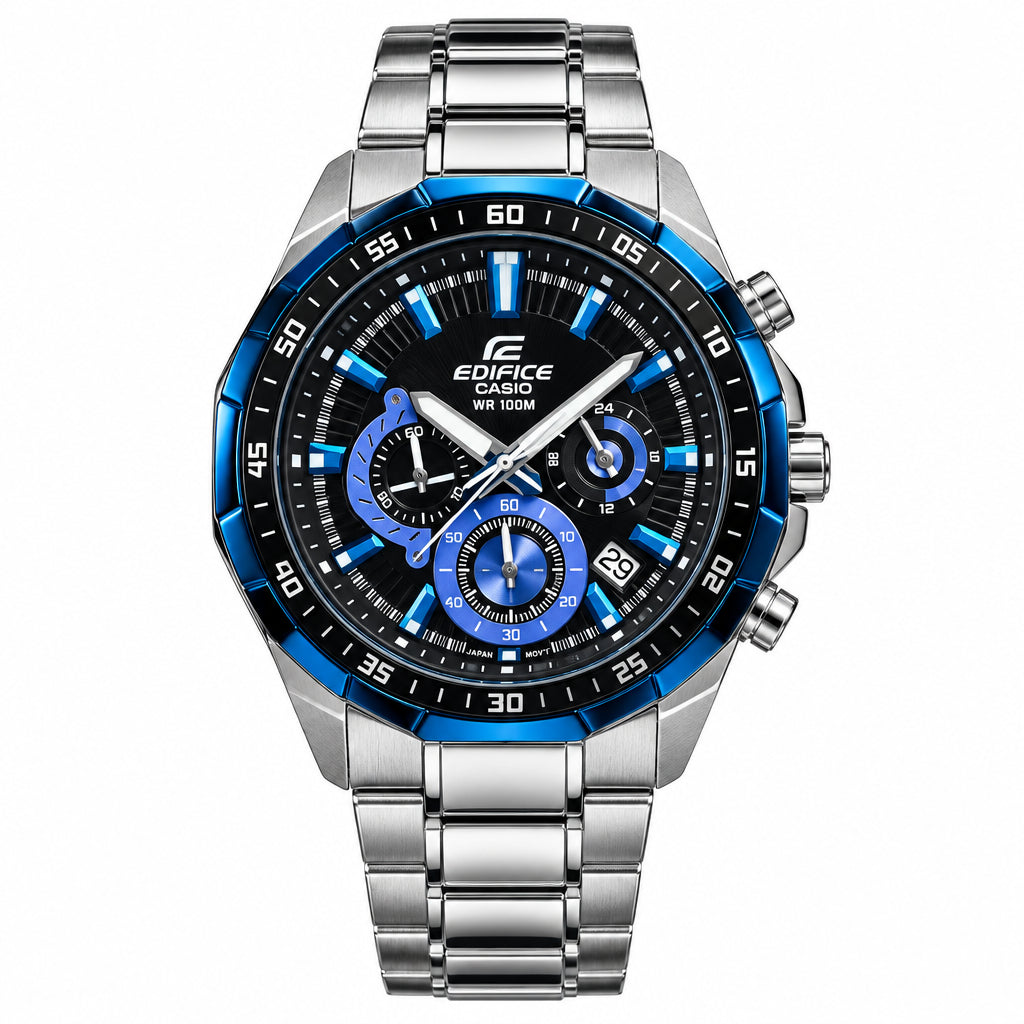 Casio Edifice Stainless Steel Chronograph with Striking Blue Bezel