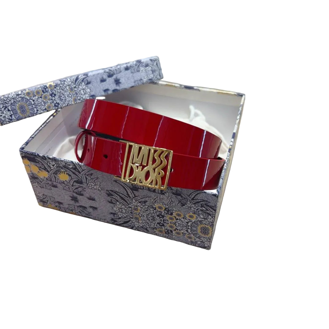Christian Dior Miss Dior Red Patent Leather Belt with Gold Graphic Buckle 👠✨❤️
