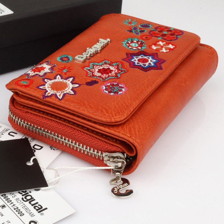 Desigual Bols Always Rotterdam Floral Embroidered Orange Wallet 🧡🌸
