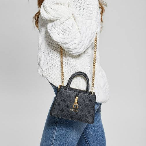 Guess Black Logo Print Mini Satchel with Gold Tone Hardware 👜✨