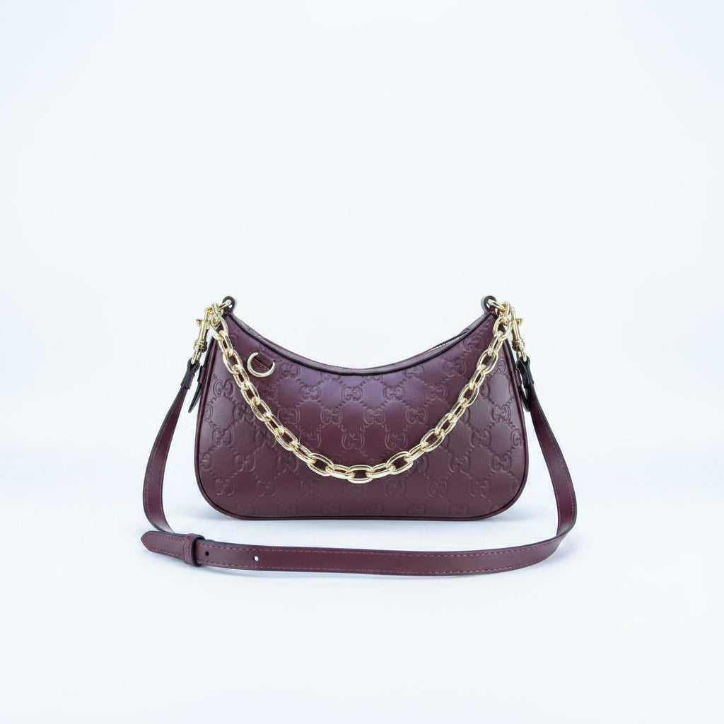 Gucci GG Embossed Burgundy Shoulder Bag with Gold Chain 👜✨