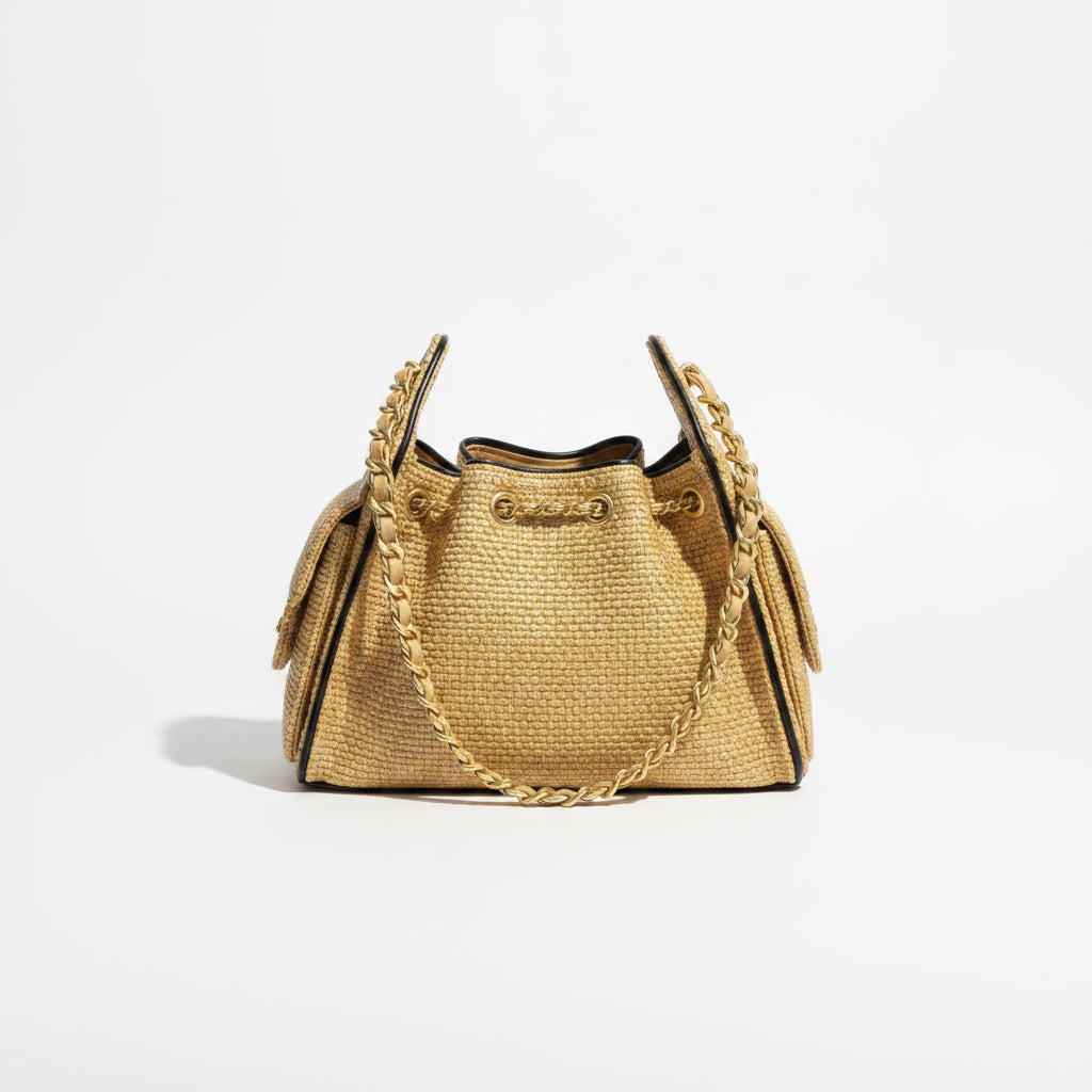 Chanel Woven Straw Bucket Bag with Gold-Tone Chain Details 👜✨