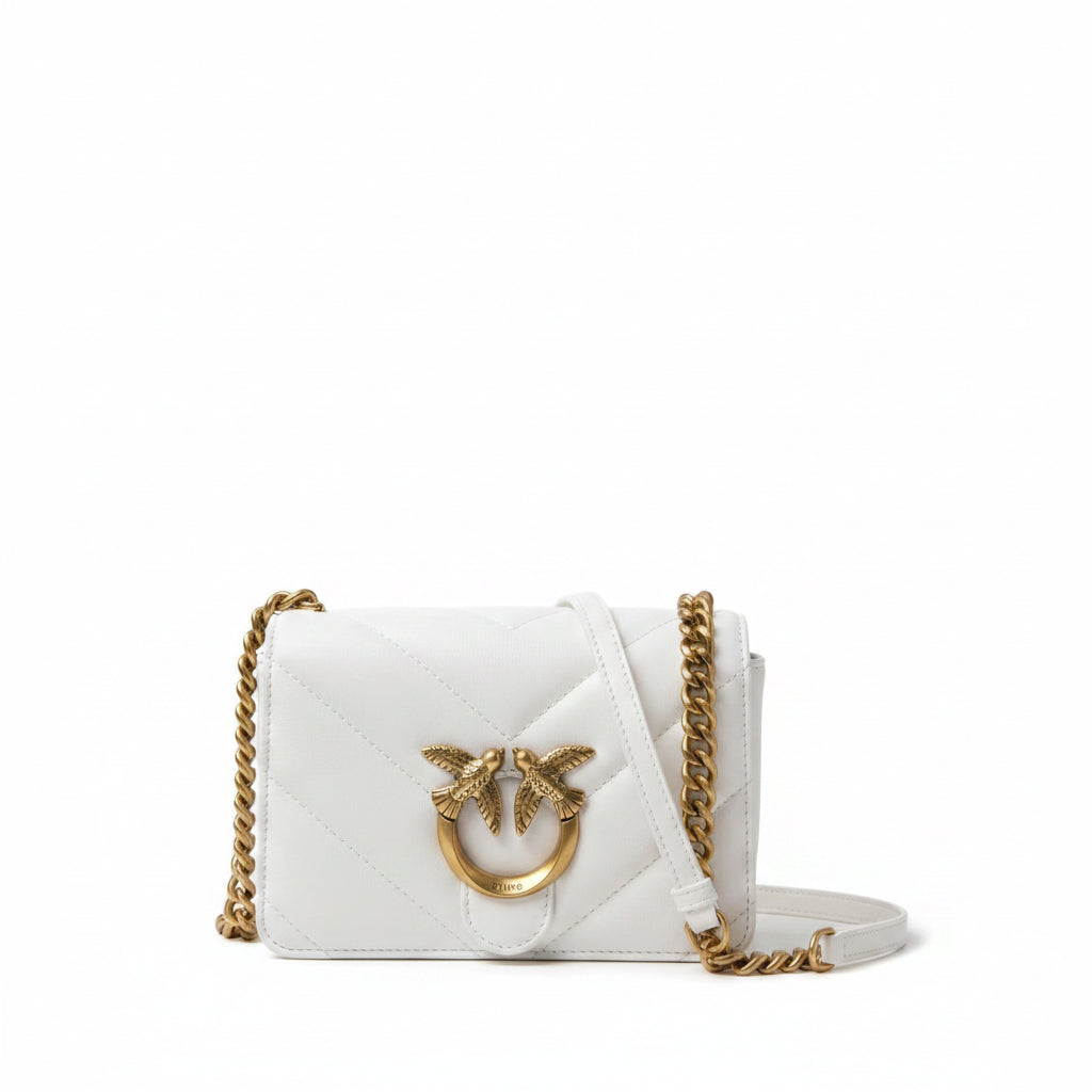 Pinko Quilted Leather Shoulder Bag with Gold Tone Bird Logo