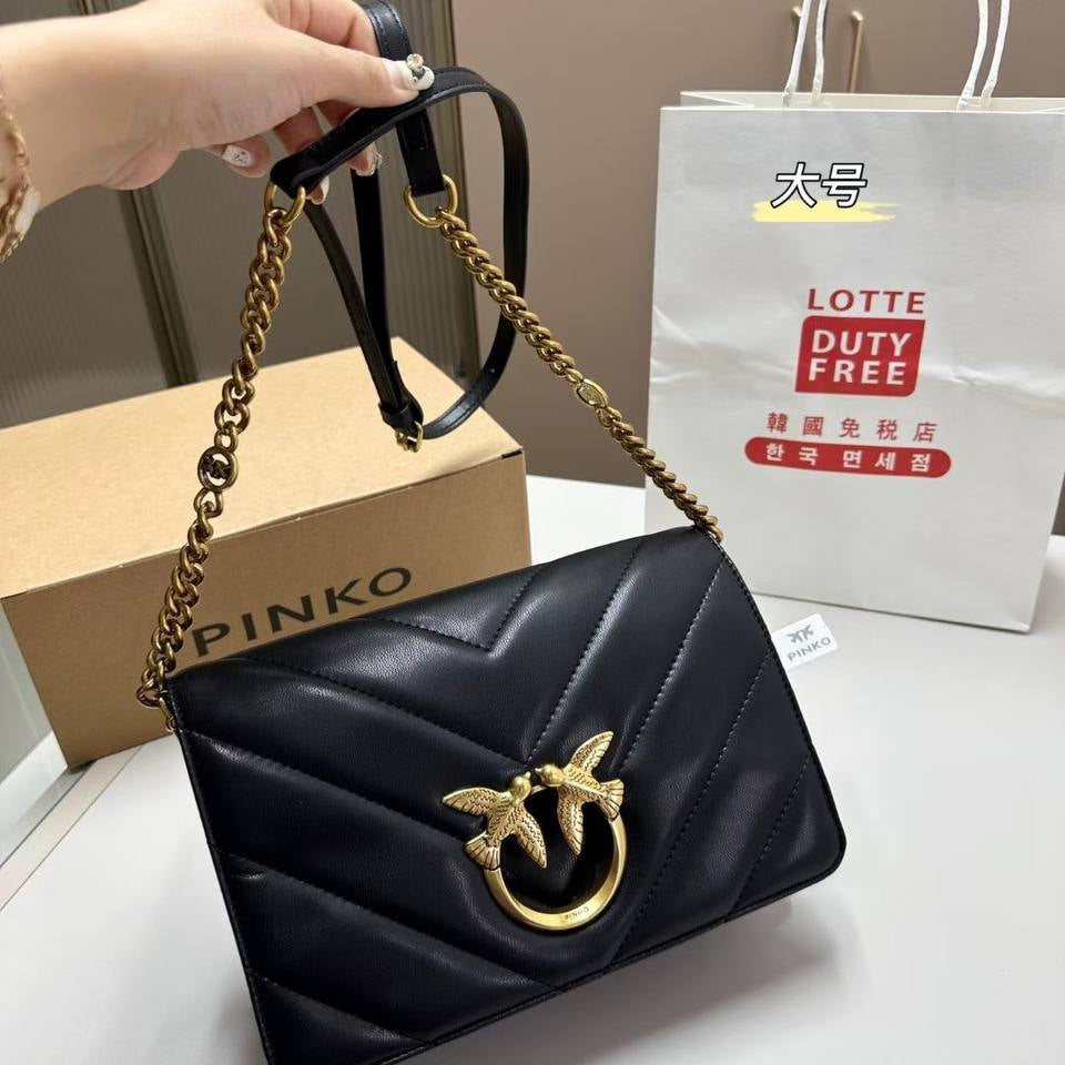 Pinko Quilted Leather Shoulder Bag with Gold Tone Bird Logo