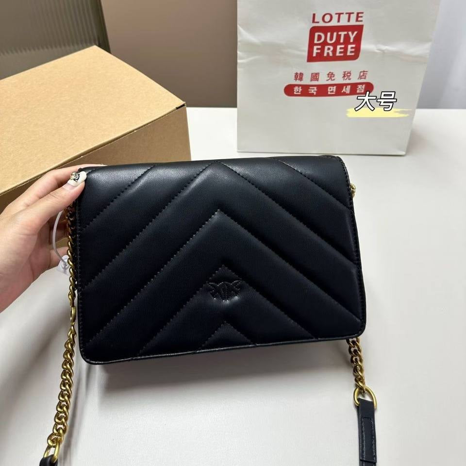Pinko Quilted Leather Shoulder Bag with Gold Tone Bird Logo