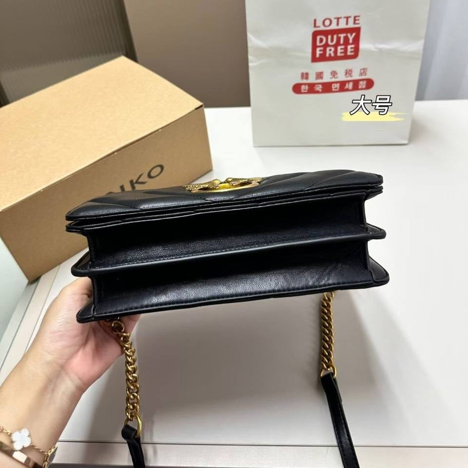 Pinko Quilted Leather Shoulder Bag with Gold Tone Bird Logo