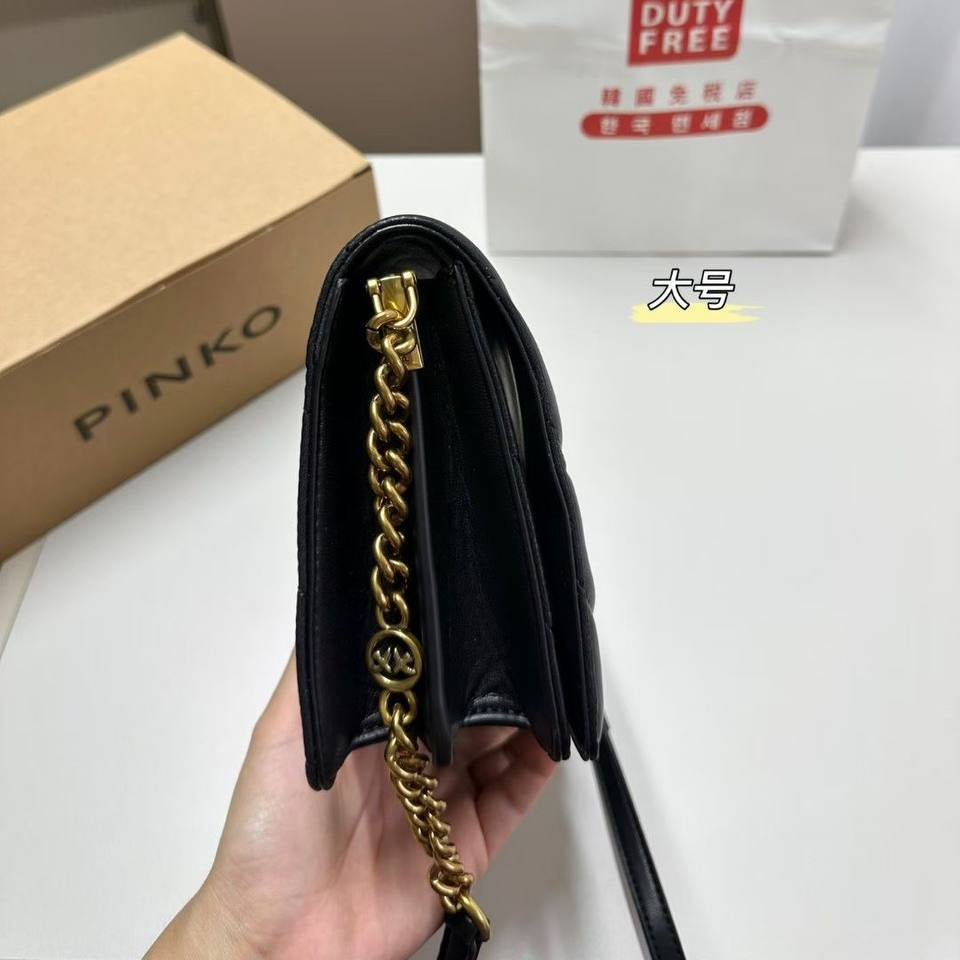 Pinko Quilted Leather Shoulder Bag with Gold Tone Bird Logo