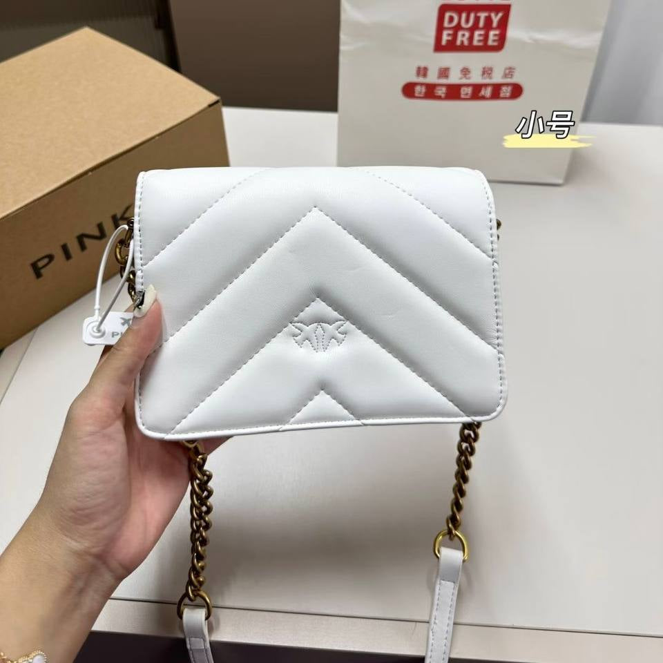 Pinko Quilted Leather Shoulder Bag with Gold Tone Bird Logo