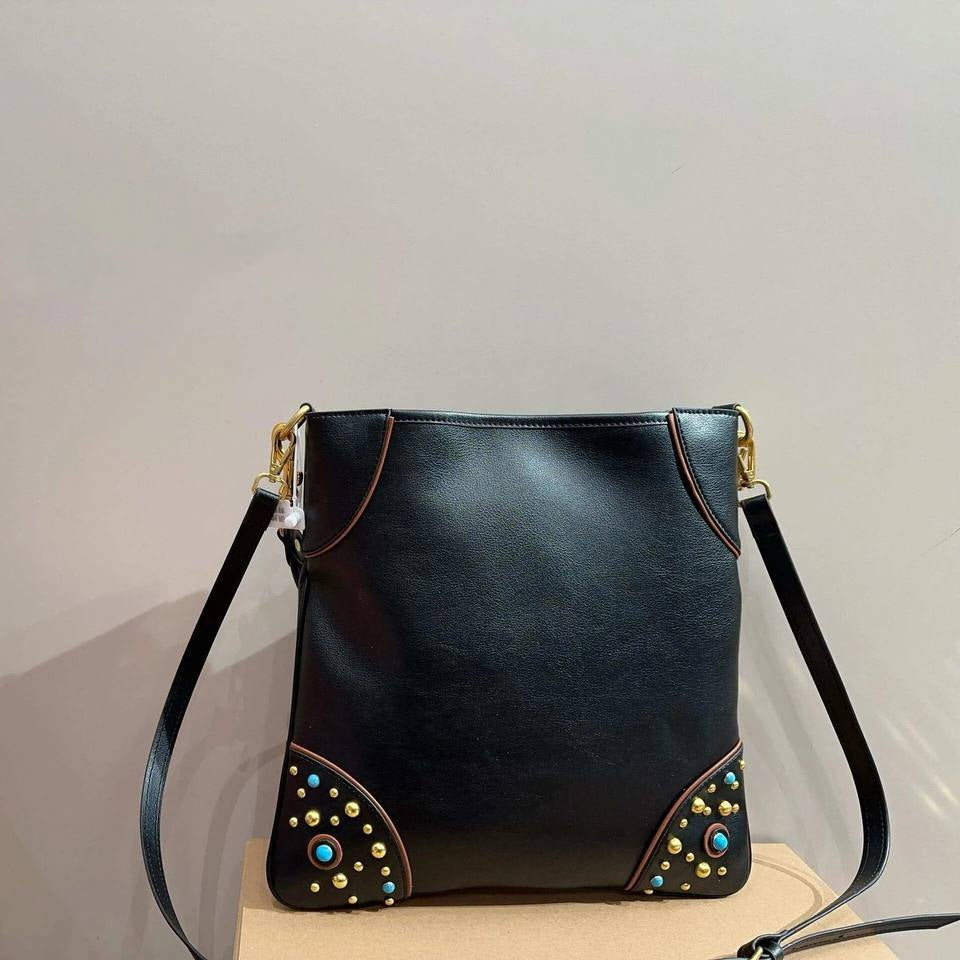 Miu Miu Black Shoulder Bag with Gold Studs and Turquoise Accents