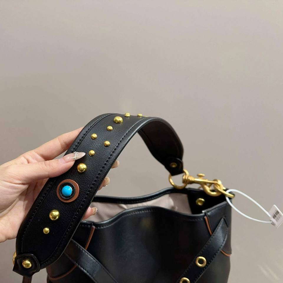Miu Miu Black Shoulder Bag with Gold Studs and Turquoise Accents