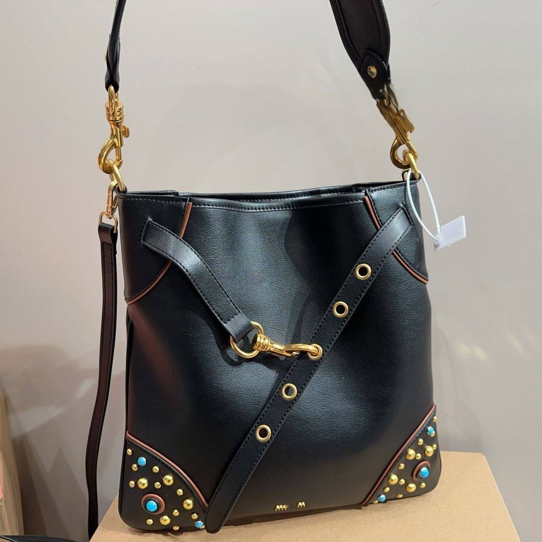 Miu Miu Black Shoulder Bag with Gold Studs and Turquoise Accents