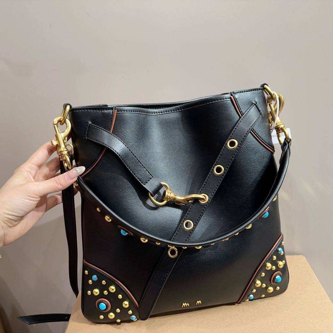 Miu Miu Black Shoulder Bag with Gold Studs and Turquoise Accents