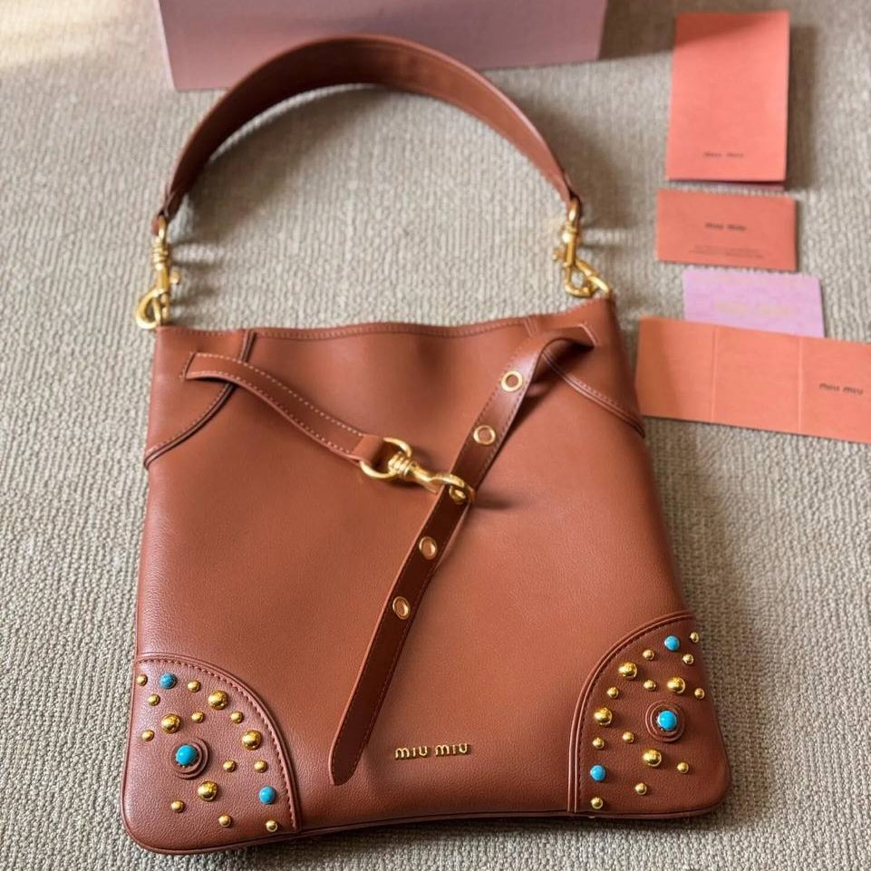 Miu Miu Black Shoulder Bag with Gold Studs and Turquoise Accents
